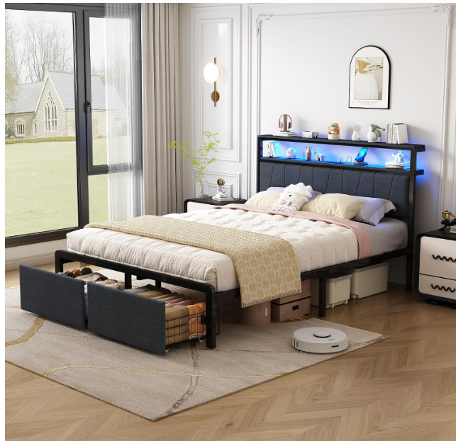 Full Size Metal Bed with 2-Tier Storage Headboard,2 Drawers & LED, Charging Station, Under Bed Storage, No Box Spring Needed