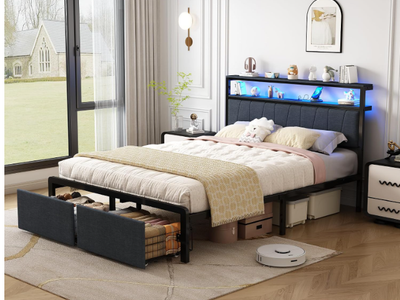 Full Size Metal Bed with 2-Tier Storage Headboard,2 Drawers & LED, Charging Station, Under Bed Storage, No Box Spring Needed