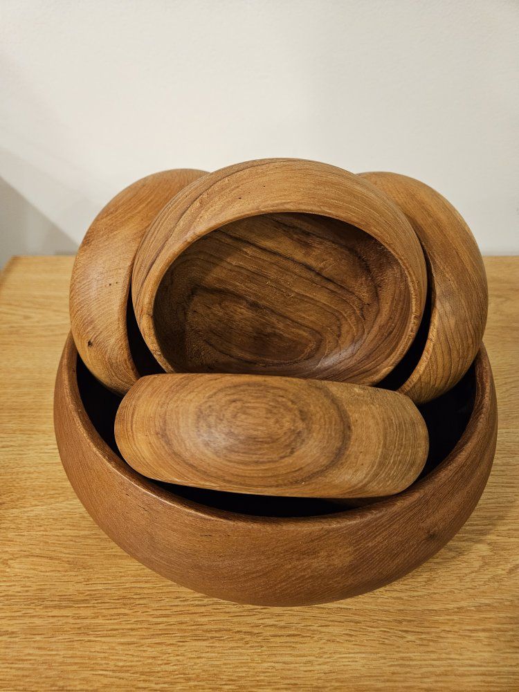 Vintage Mid-Century Modern Teak Wood Salad Bowls Set of 4, 5-inch diameter