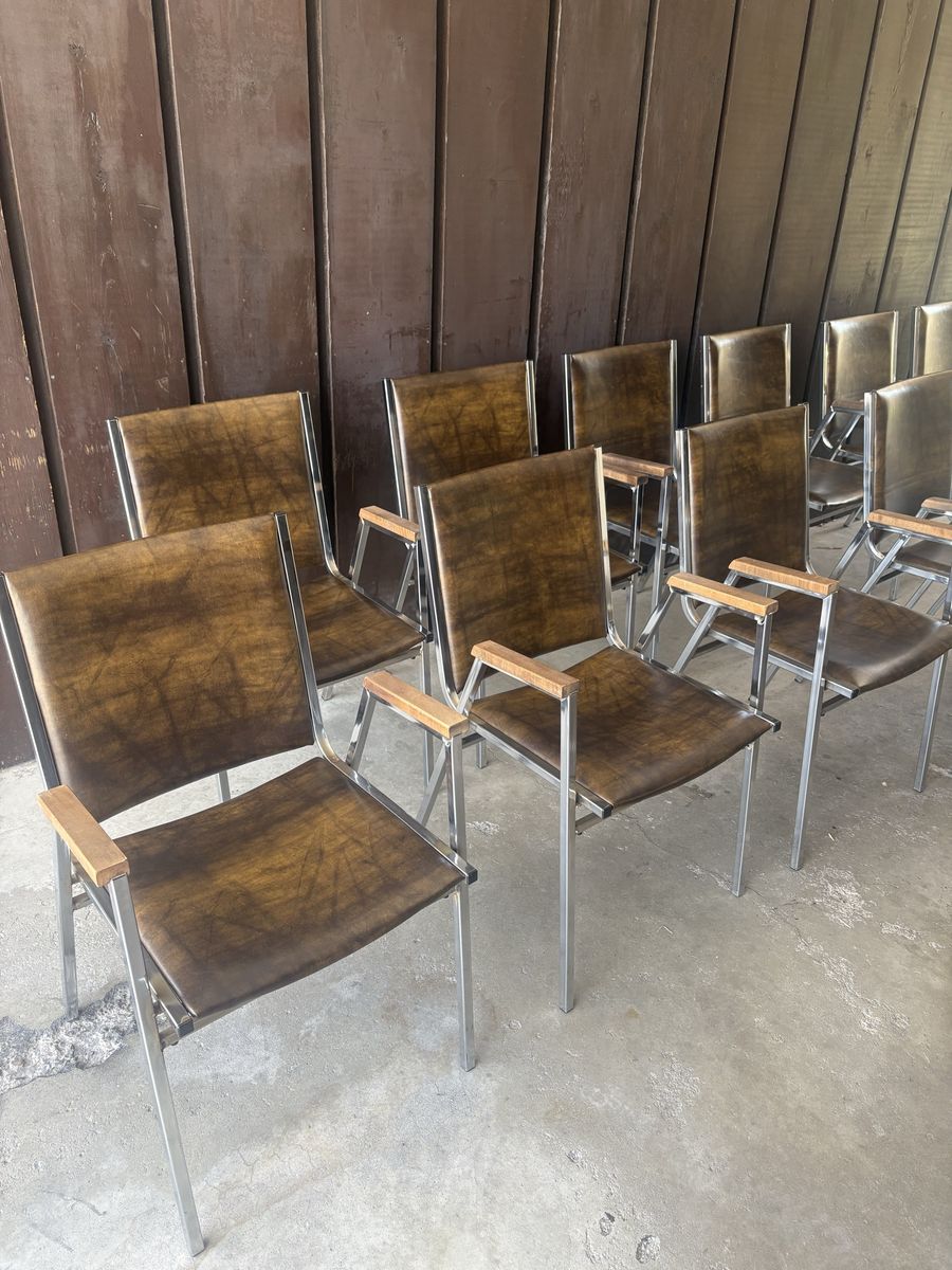 Vintage Mid-Century Chrome & Wood Dining Chairs - Set of 12