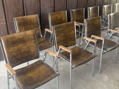 Vintage Mid-Century Chrome & Wood Dining Chairs - Set of 12