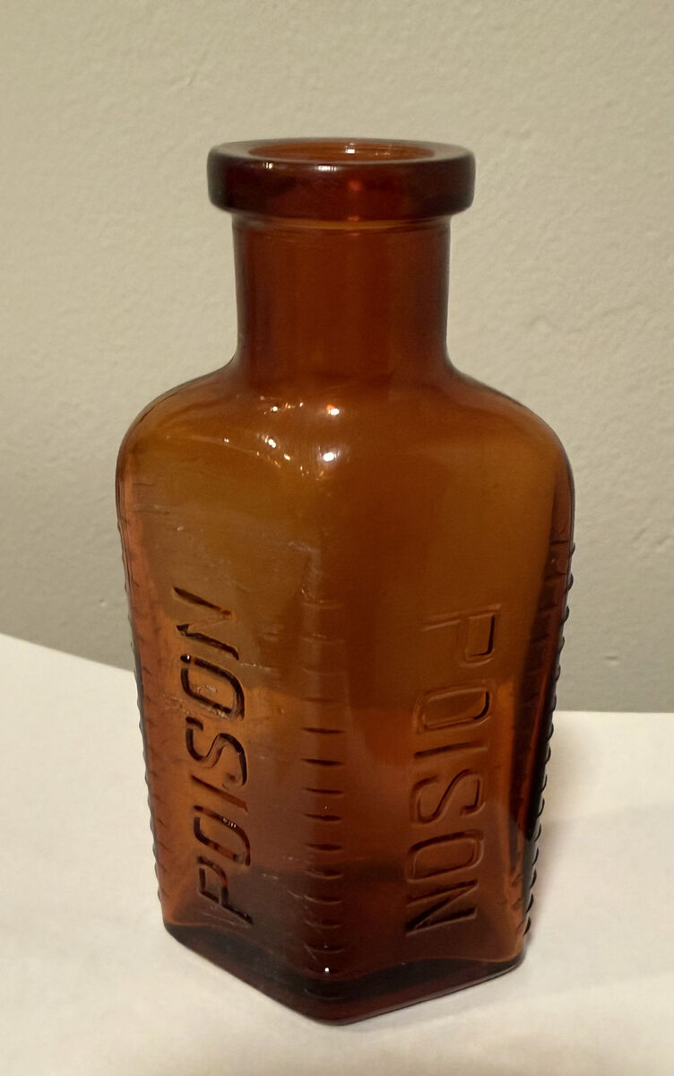 Vintage 3-Sided (4 7/8” tall) Amber Poison Embossed Bottle