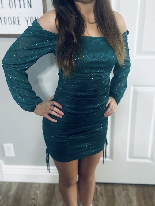 Hunter Green Glitter Mesh Mini Homecoming Dress 