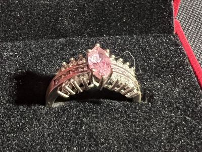 Sterling Silver Marquise Pink & Clear CZ Statement Ring - Size 9, Pre-owned