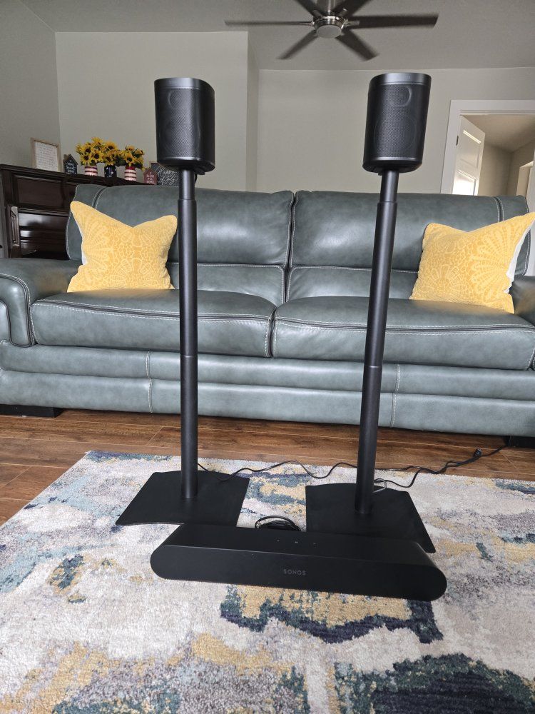 Sonos Play:1 Black Wireless Smart Speakers (Pair) with Stands & Beam Soundbar Home Theater Set