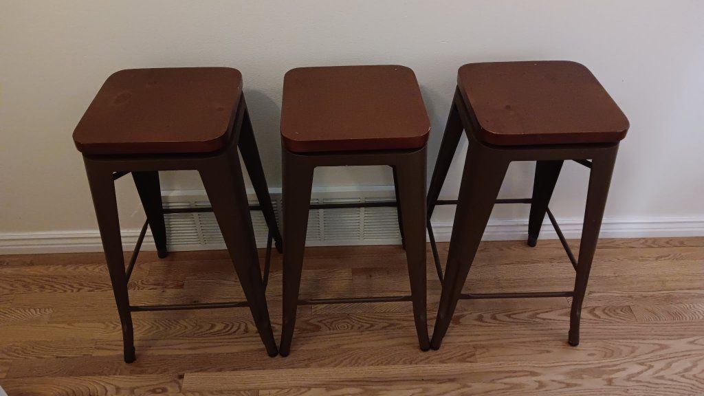 Set of 3 Bar Stools - Brown Industrial Style with Swivel Wood Top - Counter Height