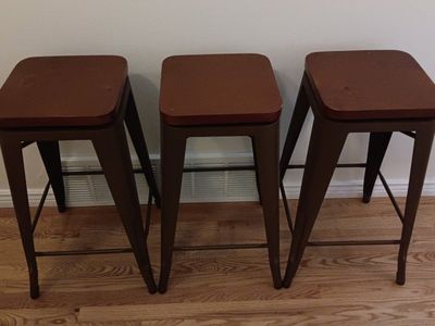 Set of 3 Bar Stools - Brown Industrial Style with Swivel Wood Top - Counter Height