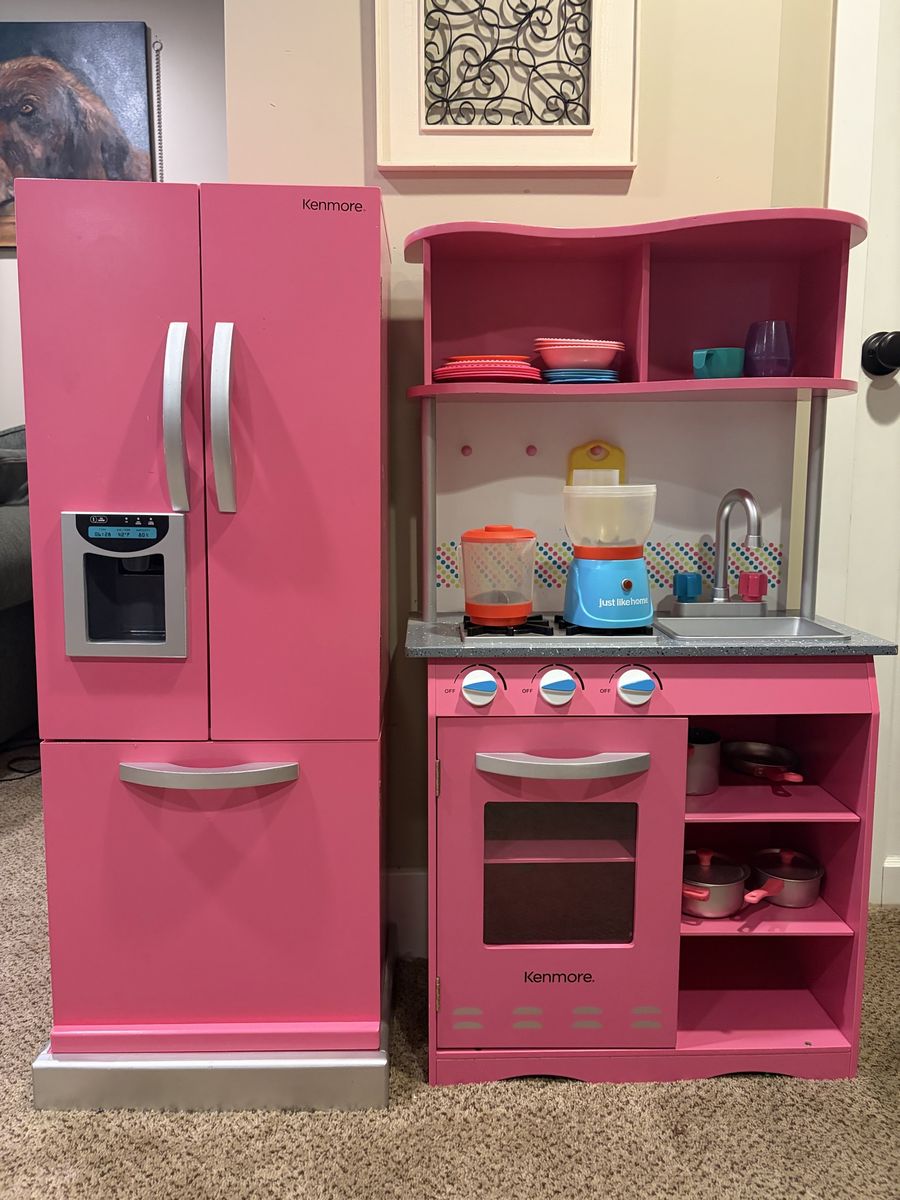 Kenmore Pink Wooden Play Kitchen & Refrigerator Set for Kids - Fully Stocked