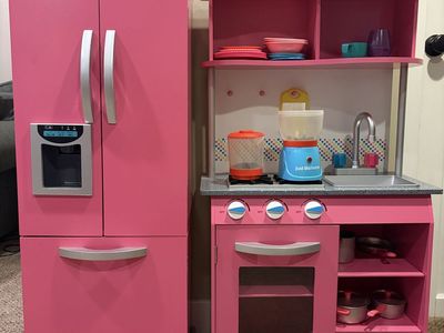 Kenmore Pink Wooden Play Kitchen & Refrigerator Set for Kids - Fully Stocked