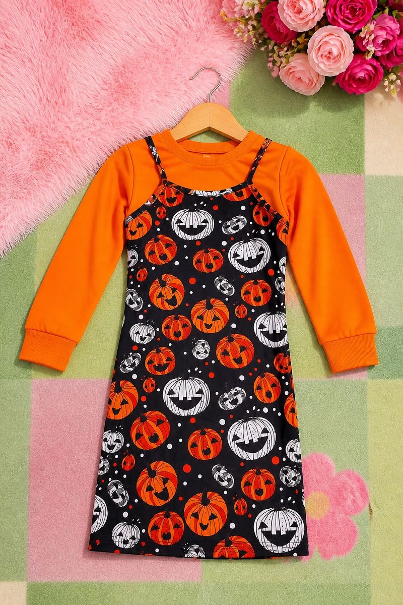 Girl's Halloween Pumpkin Print Long-Sleeve Layered Dress