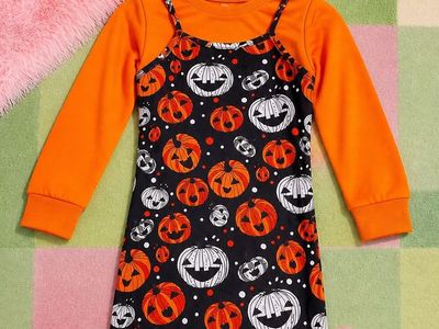 Girl's Halloween Pumpkin Print Long-Sleeve Layered Dress