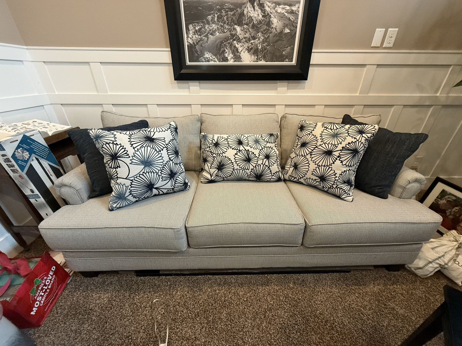 Like New 3-Seater Sofa - Light Gray/Blue Pinstripe Fabric Couch with Cushions