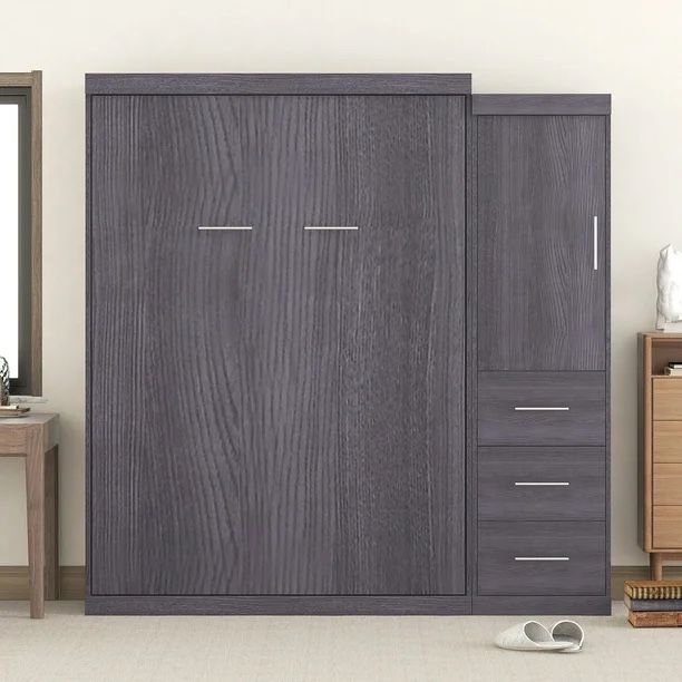 Gray Full Size Murphy Bed with Wardrobe and Drawers for