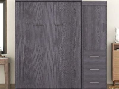 Gray Full Size Murphy Bed with Wardrobe and Drawers for
