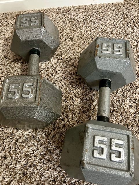 Pair of 55-pound steel hex dumbbells