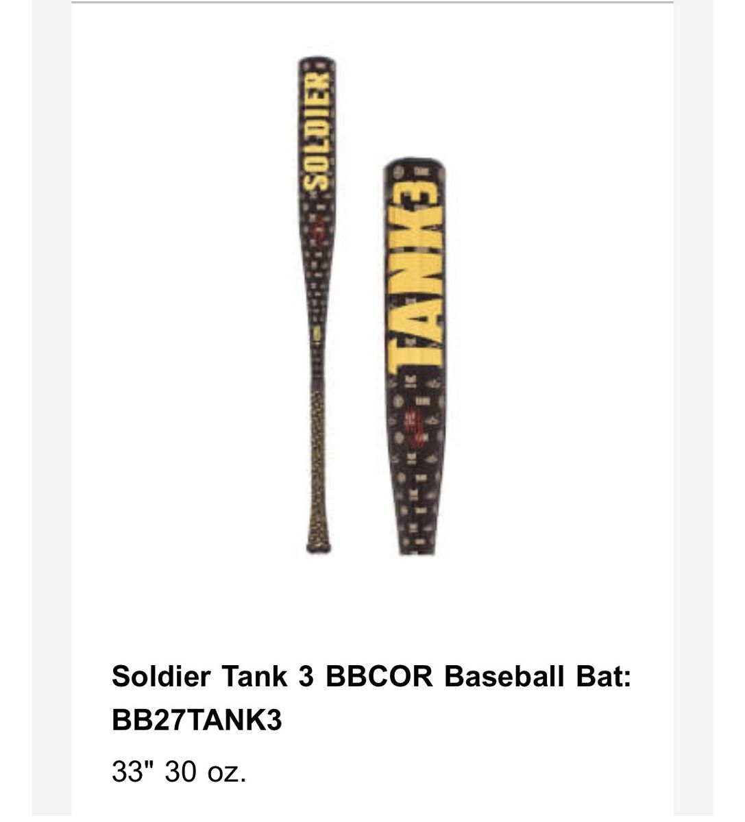 Soldier Tank 3 BBCOR Baseball Bat 33" 30 oz. (BB27TANK3)