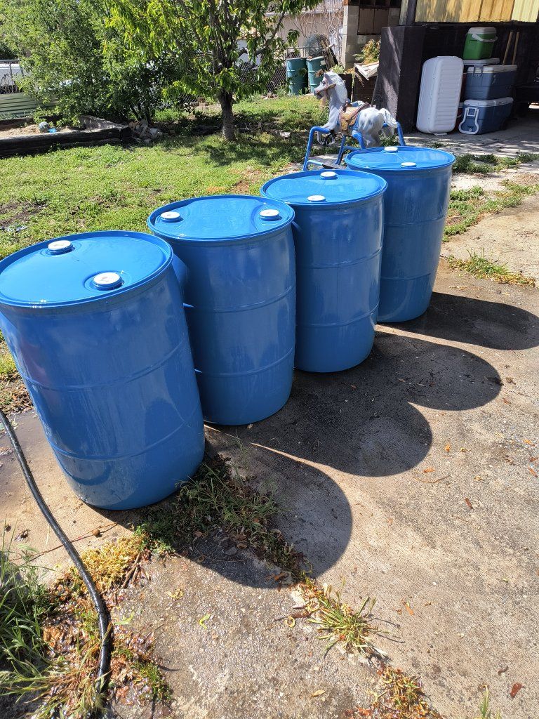 4 Blue 55-Gallon Plastic Water Storage Barrels - Food Grade Drums for Rain, Emergency
