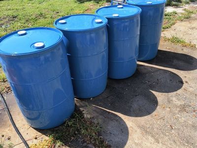 4 Blue 55-Gallon Plastic Water Storage Barrels - Food Grade Drums for Rain, Emergency