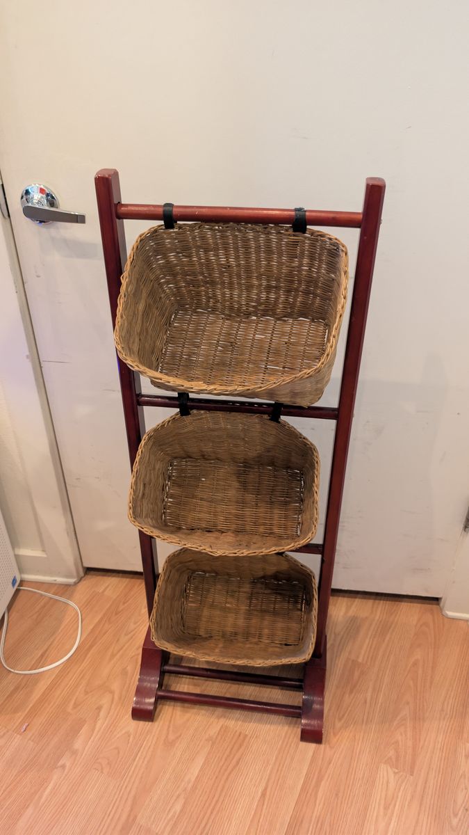 3-Tier Floor Stand Rack with Hanging Wicker Storage Baskets. Wood Frame