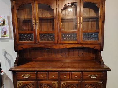 Vintage Solid Wood Dining Room Hutch Display Cabinet with Glass Doors & Brass Hardware