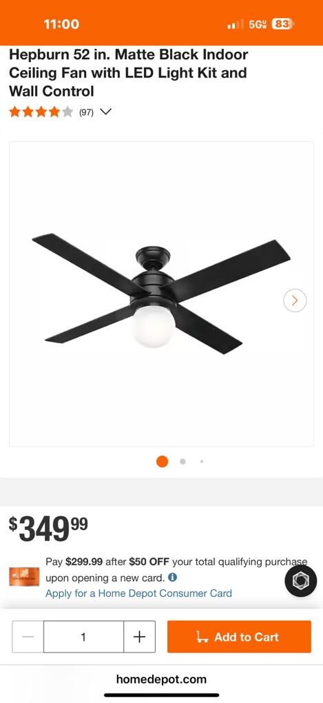Hunter 52 Hepburn Ceiling Fan Matte Black