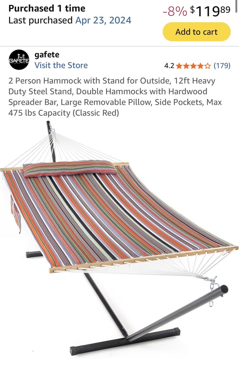 Gafete 12ft Double Hammock with Stand, Spreader Bar, Pillow, Pockets - 475 lbs Capacity, Classic Red Stripe