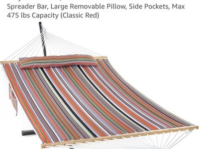Gafete 12ft Double Hammock with Stand, Spreader Bar, Pillow, Pockets - 475 lbs Capacity, Classic Red Stripe