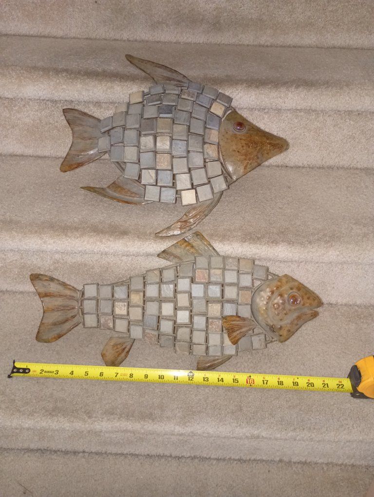 Rustic Stone Tile Mosaic Fish Wall Decor Set - 2 Large Coastal Art Pieces, 22" & 17"