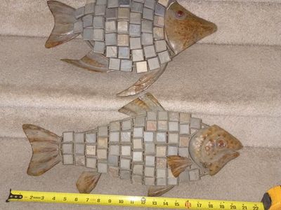 Rustic Stone Tile Mosaic Fish Wall Decor Set - 2 Large Coastal Art Pieces, 22" & 17"