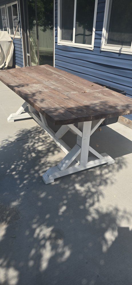 Rustic Farmhouse Outdoor Wooden Dining Table - White Trestle Base
