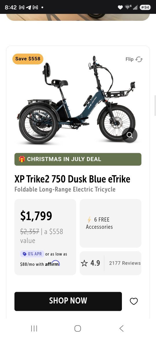 New 0 miles Lectric XP Trike2 750 Dusk Blue Foldable Long-Range Electric Tricycle eTrike