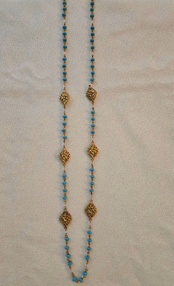 Vintage Ralph Lauren Gold Tone Filigree and Turquoise Blue Beaded Long Station Necklace