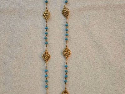 Vintage Ralph Lauren Gold Tone Filigree and Turquoise Blue Beaded Long Station Necklace