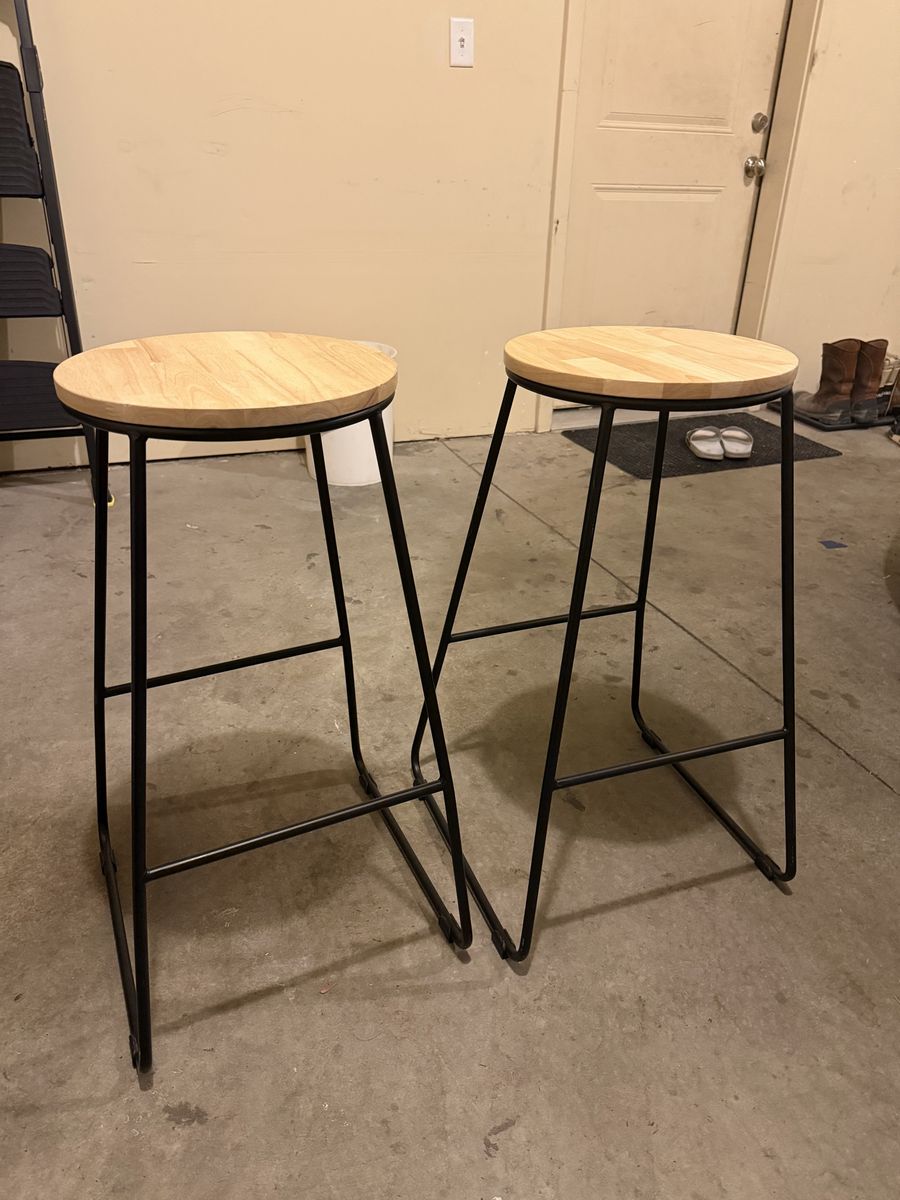 Pair of Modern Wood Top Bar Stools with Black Metal Legs