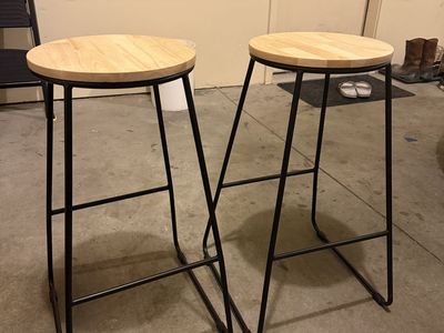 Pair of Modern Wood Top Bar Stools with Black Metal Legs