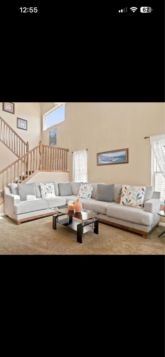 Excellent condition-Spacious L-Shaped Sectional Sofa - Light Gray Fabric Set (Includes pillows, coffee table and floor lamp)