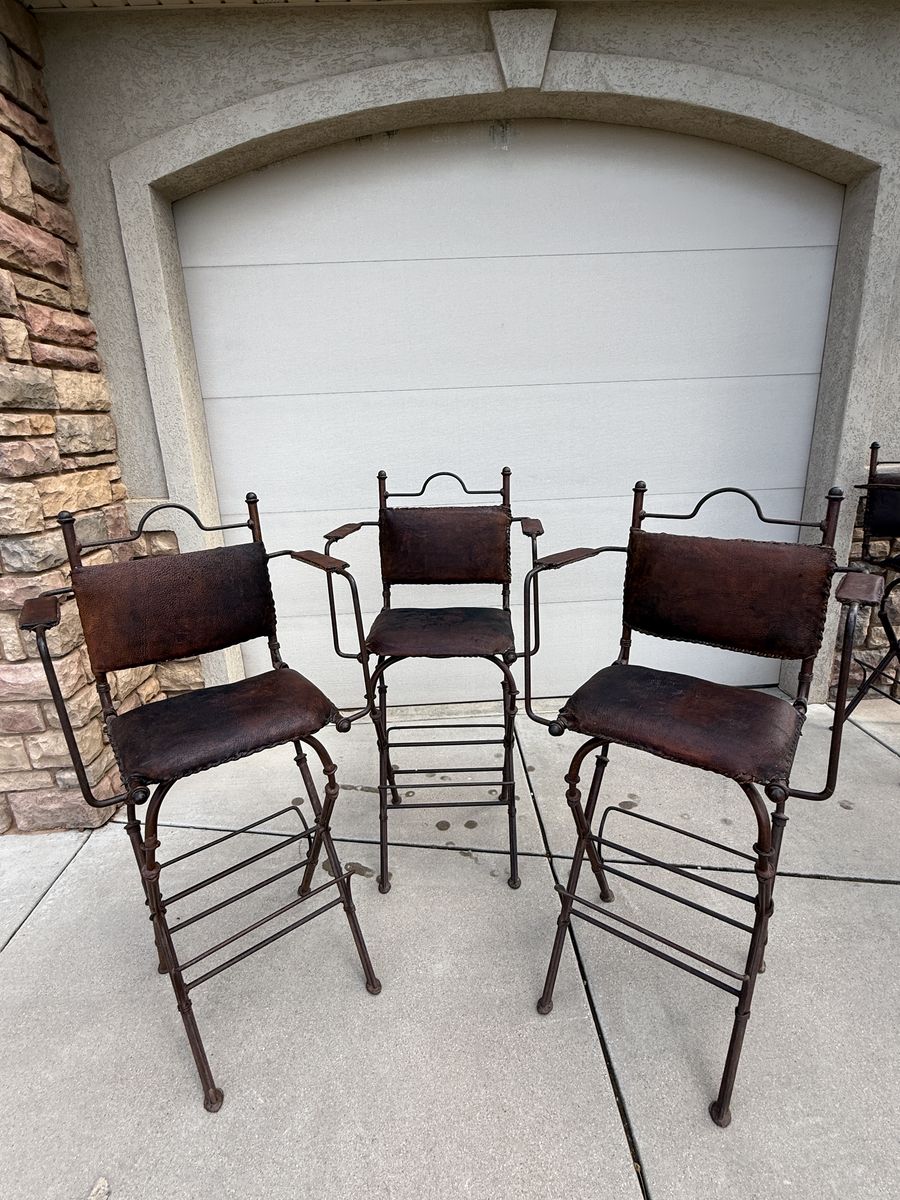 Rustic Metal and Brown Leather Bar Stools with Arms and Footrests
