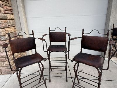 Rustic Metal and Brown Leather Bar Stools with Arms and Footrests