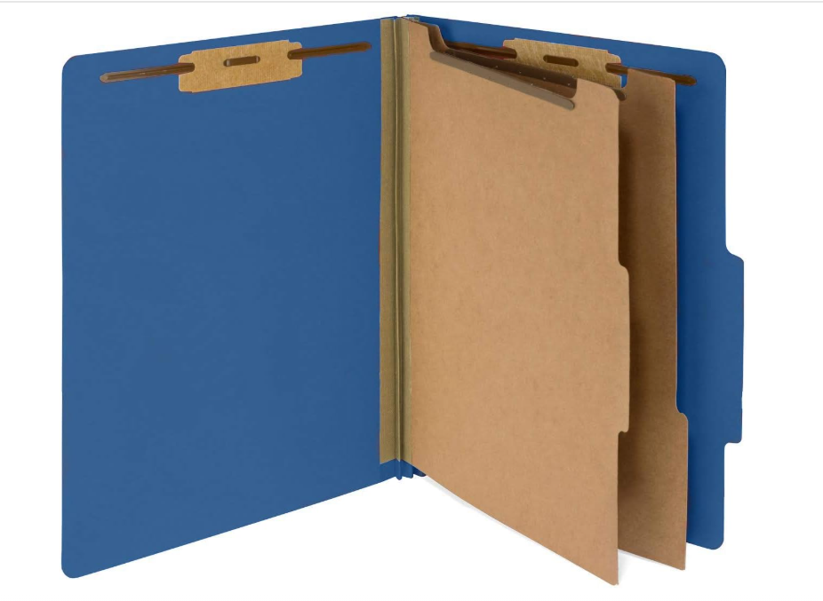 20 Blue Classification Folders with Dividers - Pressboard Classification Folders, 2 Dividers, 2 prong file folders
