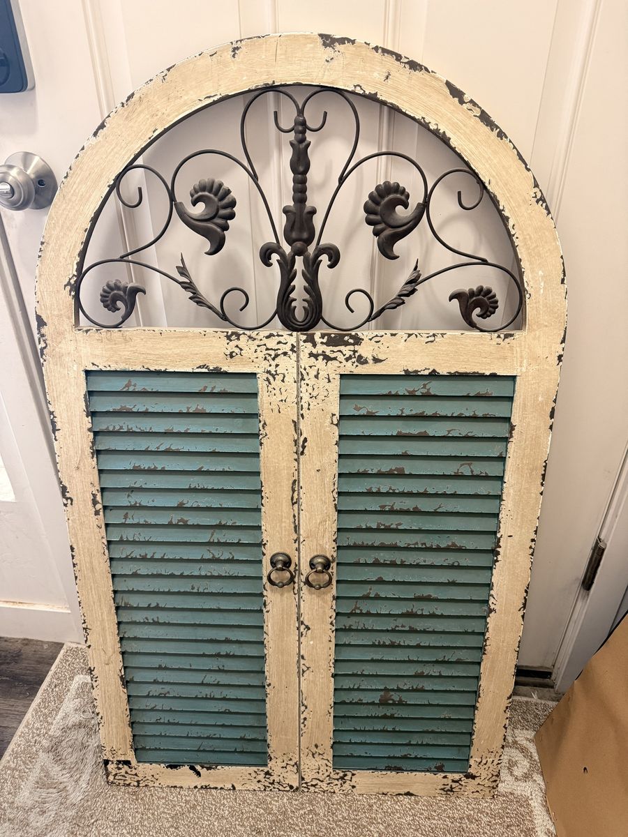 Distressed Arch Top Shutter Wall Decor with Ornate Ironwork - Rustic Farmhouse Accent