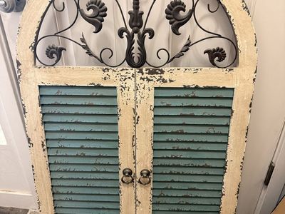 Distressed Arch Top Shutter Wall Decor with Ornate Ironwork - Rustic Farmhouse Accent