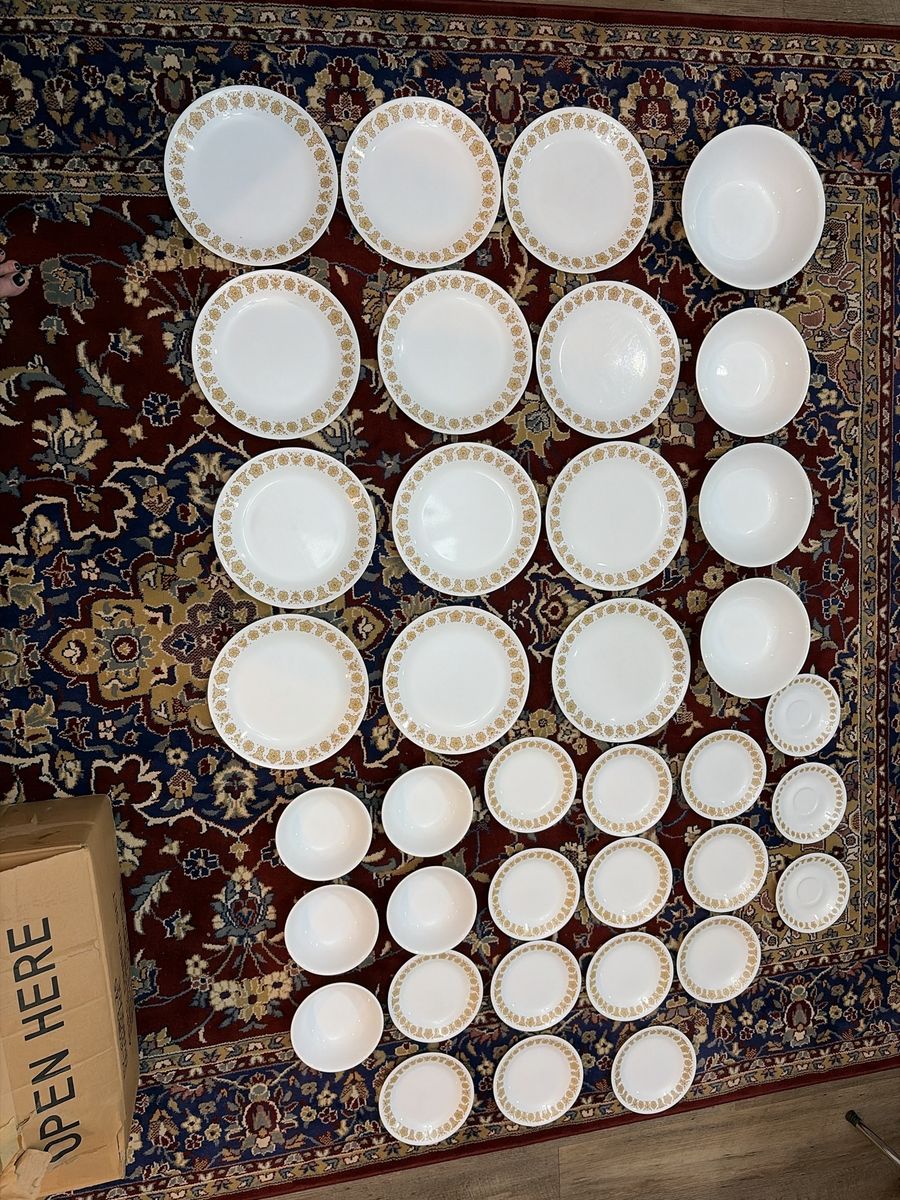 Vintage 37 piece Corelle Butterfly Gold Dinnerware Set - Plates, Bowls, and Saucers