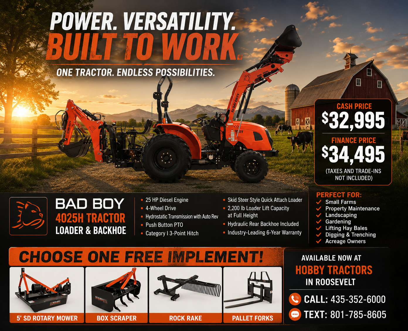NEW Bad Boy 4025H Tractor, Loader & Backhoe Package – FREE Implement Included!