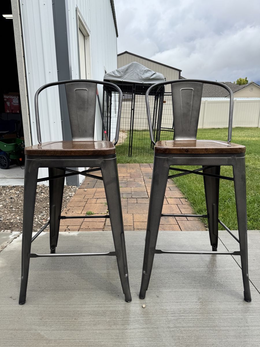 Industrial Metal and Wood Bar Stools - Set of 2