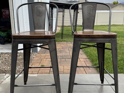 Industrial Metal and Wood Bar Stools - Set of 2