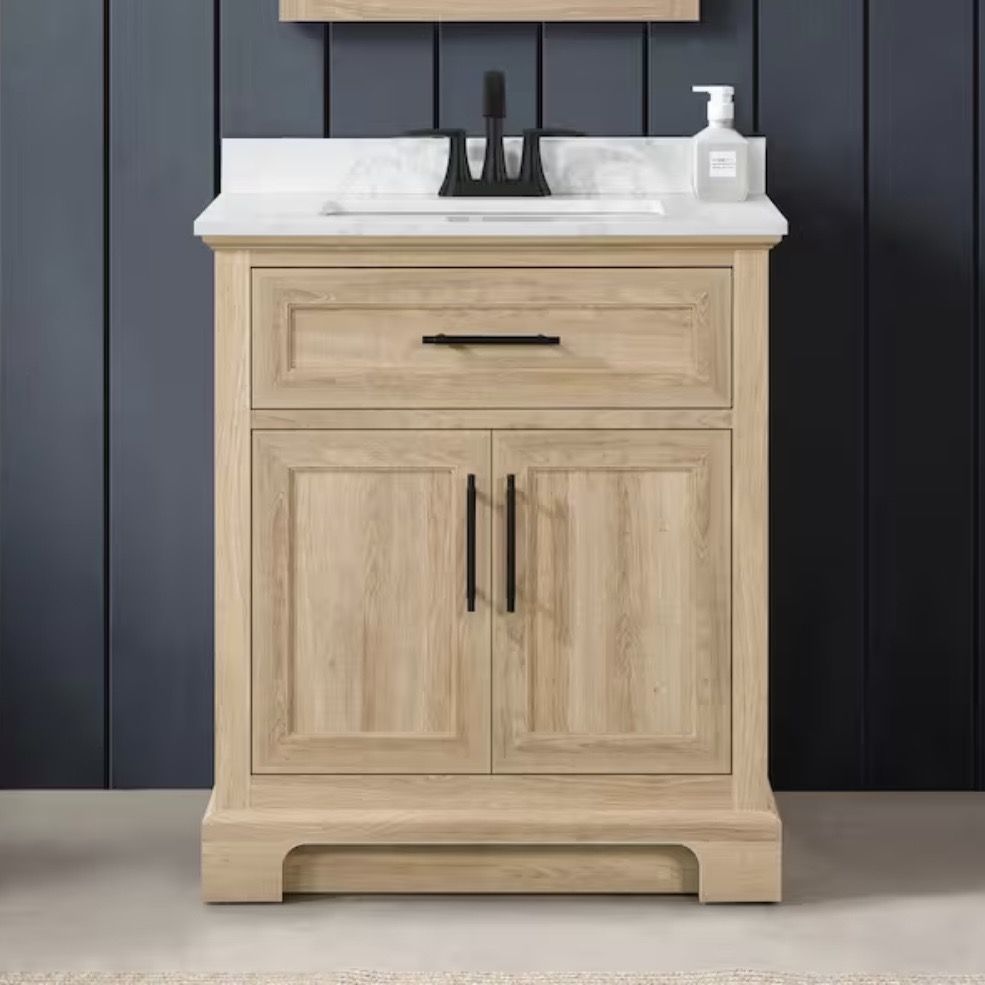 Home Decorators Collection Doveton 30 in. Single Sink Freestanding Weathered Tan Bath Vanity with White Engineered Marble Top