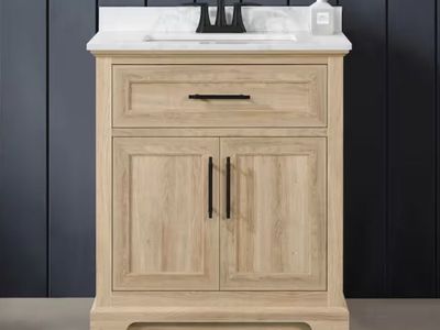 Home Decorators Collection Doveton 30 in. Single Sink Freestanding Weathered Tan Bath Vanity with White Engineered Marble Top