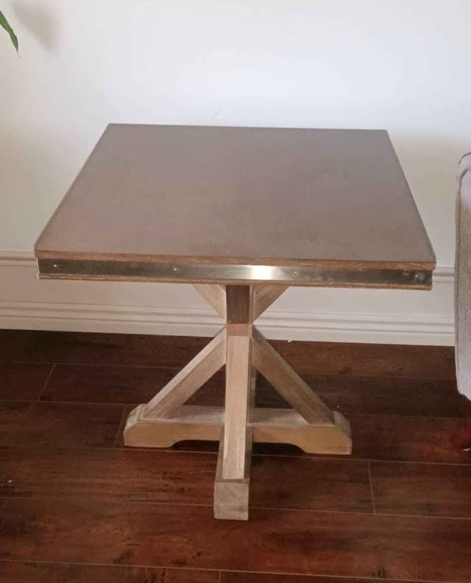 Wooden End Table with Metal Trim and Trestle Base