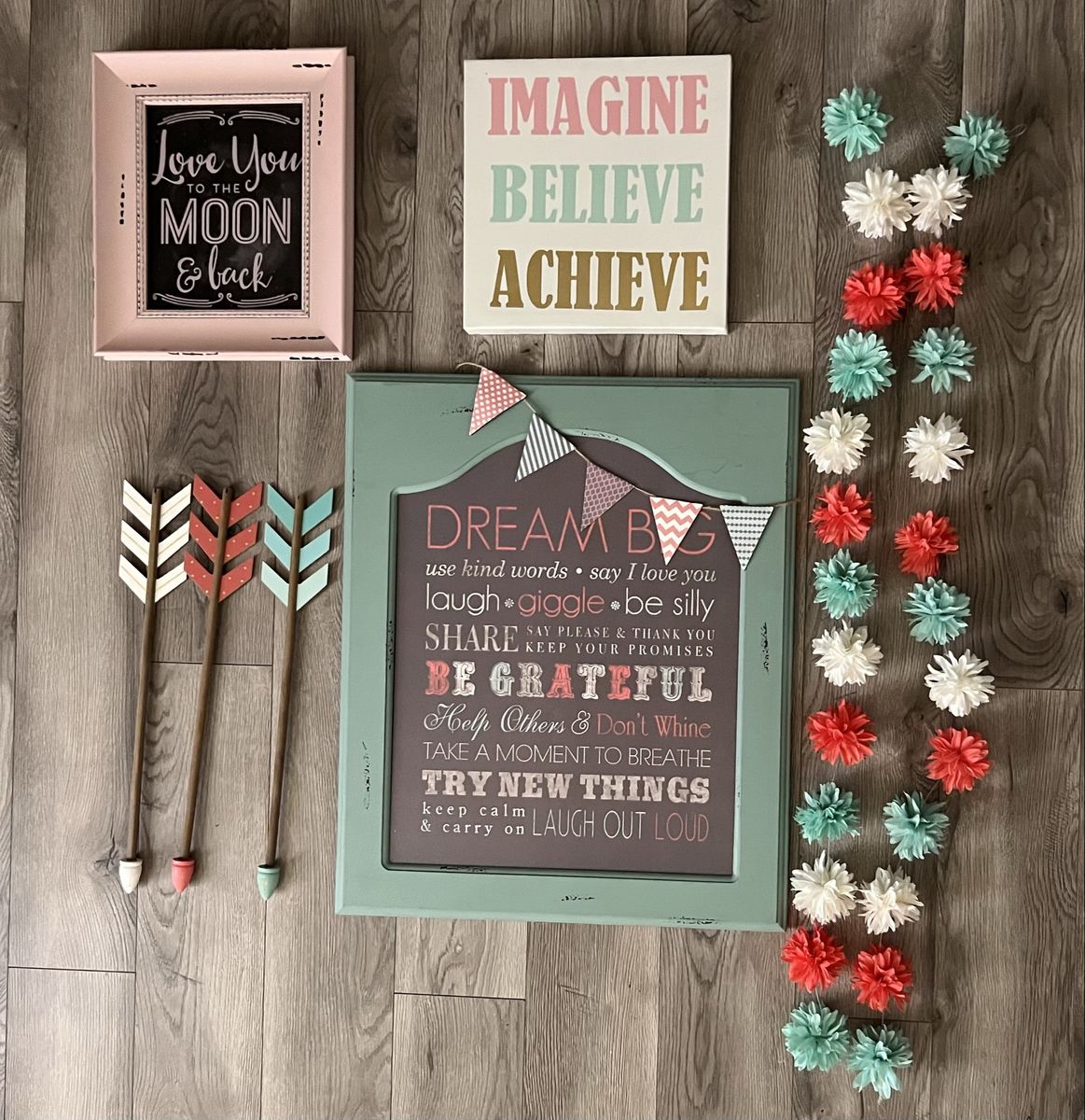 Girls Room Decor Set - 3 Signs, 3 Arrows, Flower Garland | "Love You to the Moon," "Imagine," "Dream Big" Motifs