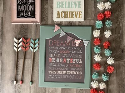Girls Room Decor Set - 3 Signs, 3 Arrows, Flower Garland | "Love You to the Moon," "Imagine," "Dream Big" Motifs